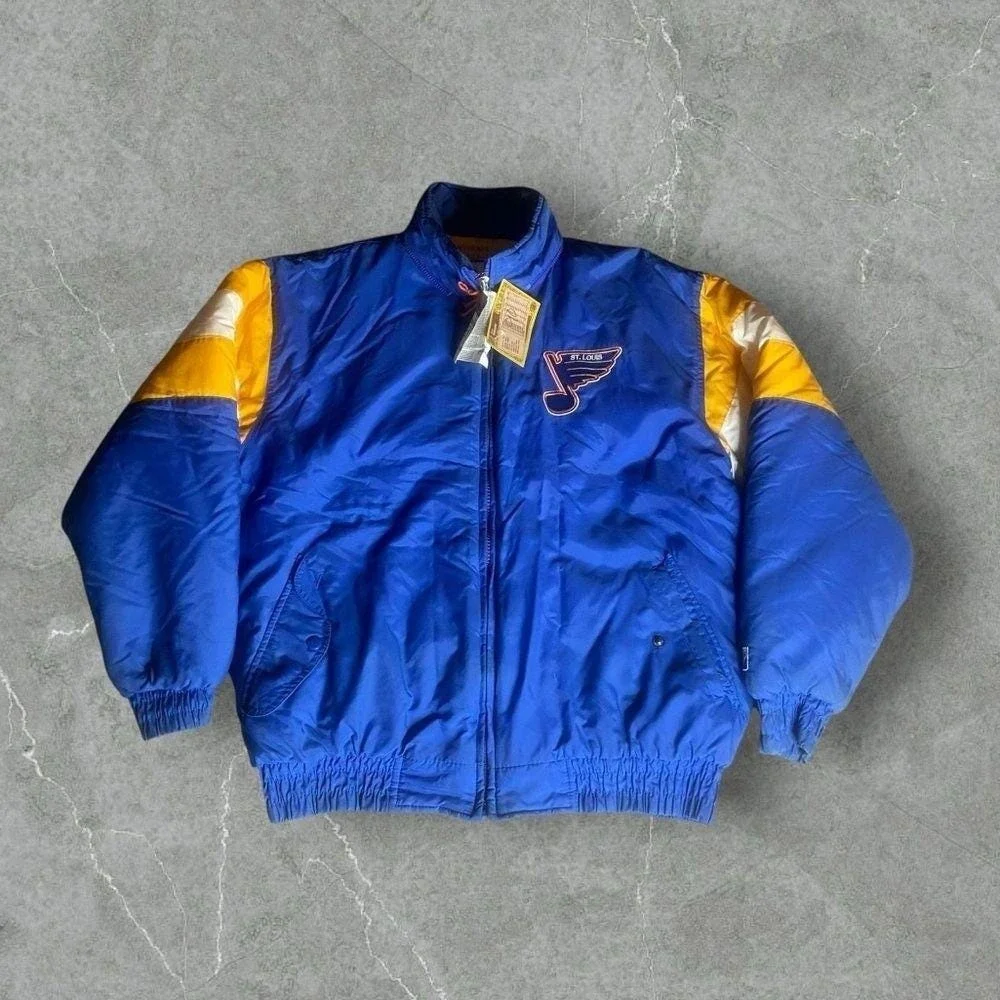 Vintagee St Louis Blues Puffer Jacket Mens Large Blue Gold Logo 7 NWT 90s Coat